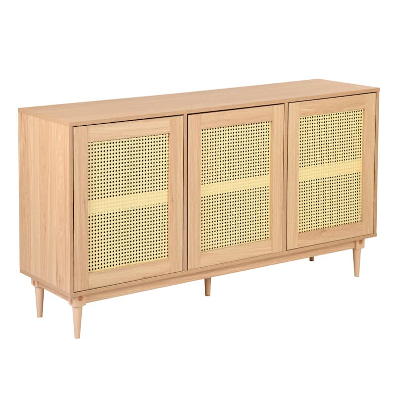 BohoChic 60" TV Stand with 3 Rattan Doors & Open Display